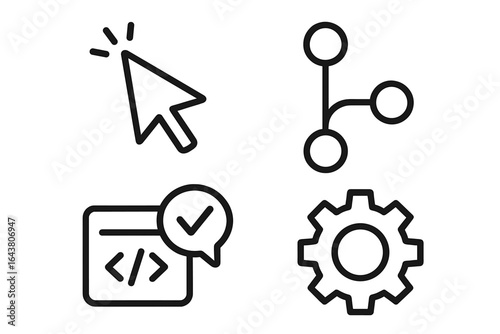 Various digital icons depicting cursor, connectivity, validation, and settings in a minimalist design