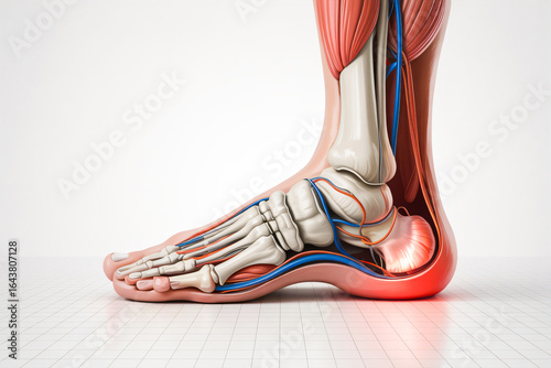 Highly Detailed 3D Medical Illustration of Human Foot Anatomy with Bones, Muscles, and Nerves, Realistic 3D Rendering of Foot Skeleton and Ankle Structure for Medical Education, Side View Medical 