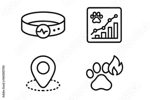 Health monitoring tools for pets featuring a collar, data chart, location pin, and paw print symbol