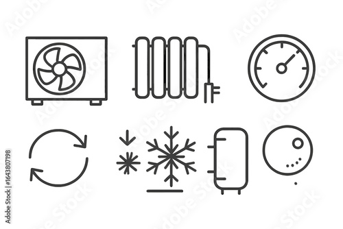 Symbols of climate control technology in a modern design layout showcasing various components and gauges