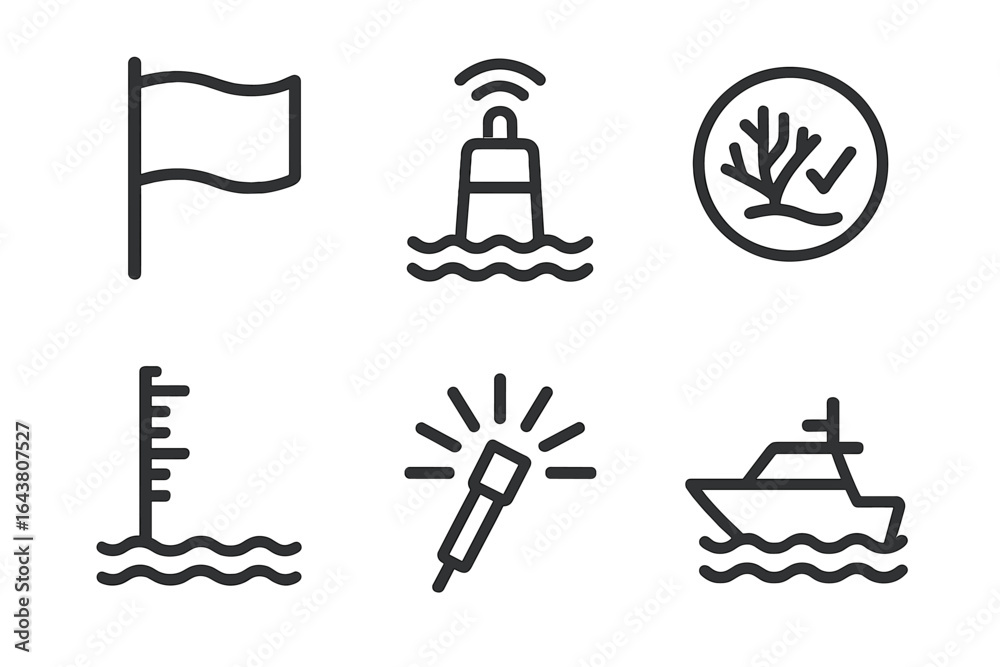 Fototapeta premium Visual symbols representing maritime navigation and safety in coastal waters with buoys, flags, and boats