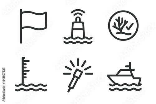Visual symbols representing maritime navigation and safety in coastal waters with buoys, flags, and boats