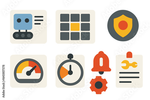Modern icons representing technology features and tools for data monitoring and security in a digital application interface