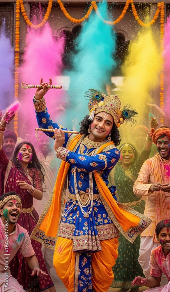 Fototapeta premium HD Mobile Wallpaper of Krishna Dancing in Holi Celebration – Krishna Janmashtami Vertical Illustration