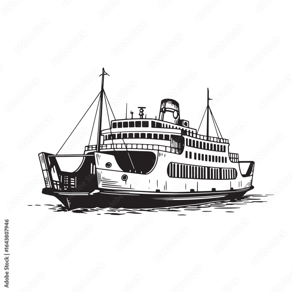 Fototapeta premium Detailed hand drawn illustration of a classic ferry boat on water in black and white
