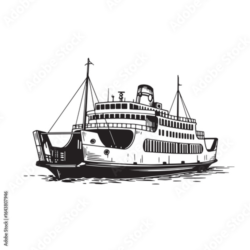 Detailed hand drawn illustration of a classic ferry boat on water in black and white