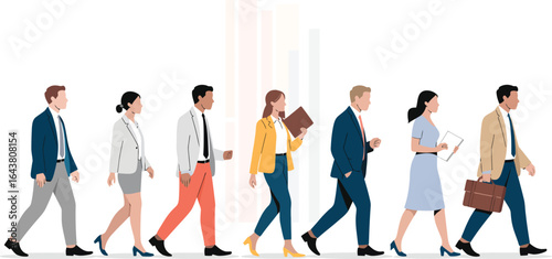 Diverse group of business professionals walking forward in a line, representing corporate progress.