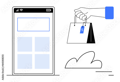 Smartphone with app interface next to a hand holding shopping bag with discount tag. Ideal for e-commerce, retail, online sales, mobile apps, digital marketing, promotions, simple landing page