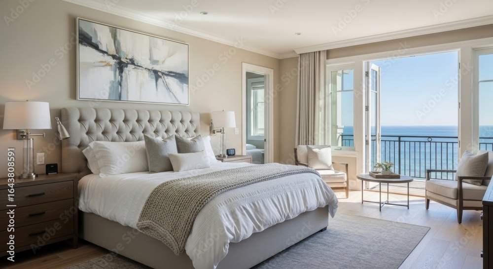 Fototapeta premium Luxurious bedroom retreat with ocean views and tranquil seaside ambiance