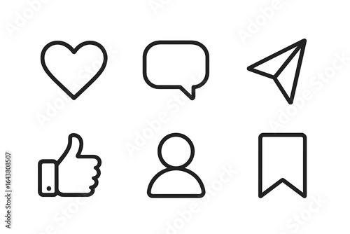 Heart, chat bubble, and paper plane icons representing social media engagement and communication symbols
