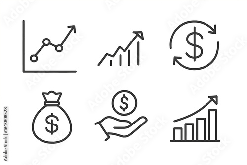 Financial growth symbols with graphs, money bags, and dollar signs representing economic success and investment strategies
