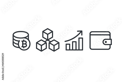 Digital currency concepts showcasing bitcoin, blockchain technology, financial growth, and cryptocurrency wallets in a minimalist design