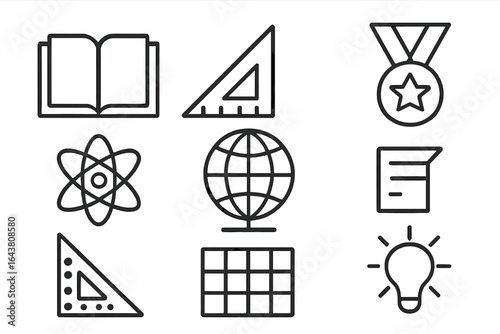 Educational icons illustrating various subjects including mathematics, science, and geography for classroom use