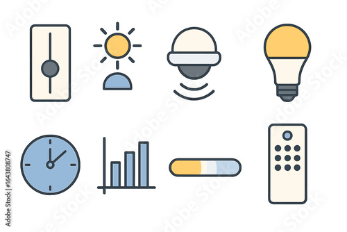 Smart home control interface design featuring lighting, temperature, and time management elements