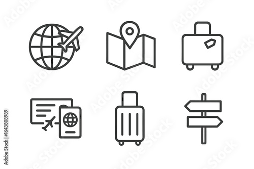 Travel symbols representing global exploration, navigation, and luggage management for adventures around the world