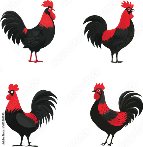 Cartoon red rooster flat black vector silhouette isolated on white background