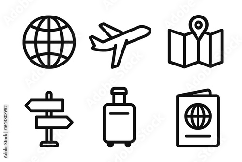 Exploring travel symbols representing globes, flights, maps, and more in a modern design