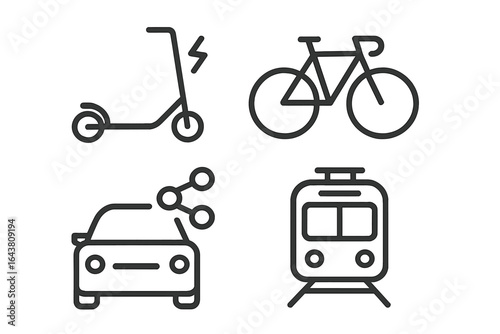 Various modes of urban transportation including e-scooter, bicycle, car, and train layout in a modern design