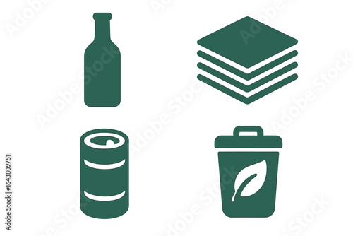 Recycling symbols representing glass, cardboard, aluminum, and waste collection in a minimalist design