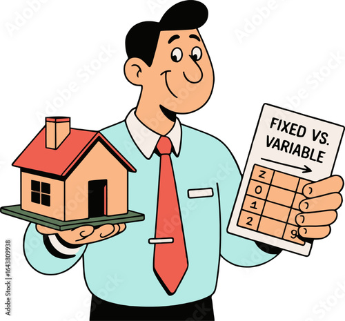 A cartoon man in a shirt and tie holding a small house and a fixed vs variable comparison sheet art