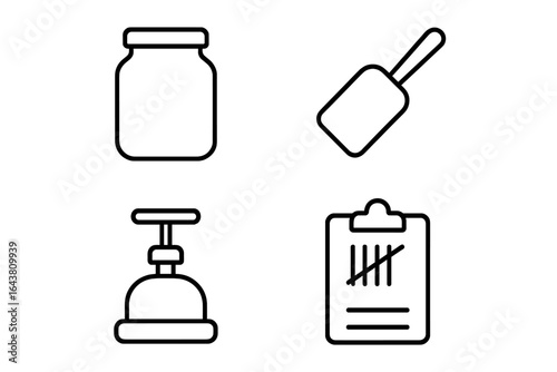 Tools and containers used in food preparation and preservation activities in a kitchen setting