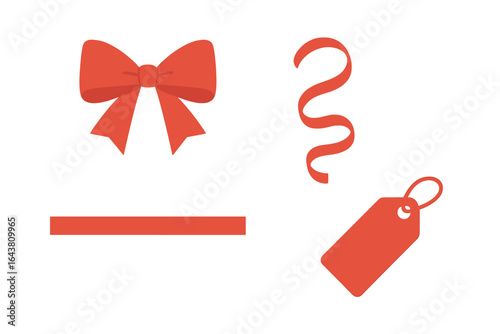 Gift wrapping elements featuring a bow, ribbon, and tag designed for celebration and special occasions