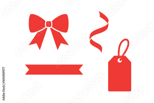 Bright red gift elements including a bow, ribbon, banner, and tag for creative design purposes in festive celebrations