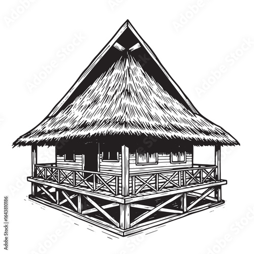 Hand drawn illustration of a tropical beach hut with a thatched roof and wooden structure