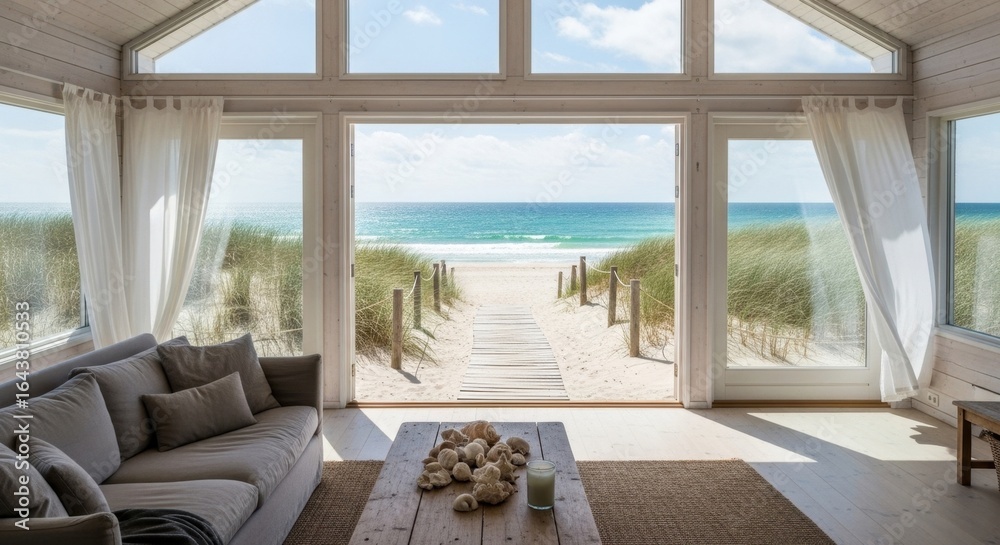 Fototapeta premium Interior view of a beach house with a large window overlooking a sandy path leading to the ocean, with a sofa and table in the foreground.