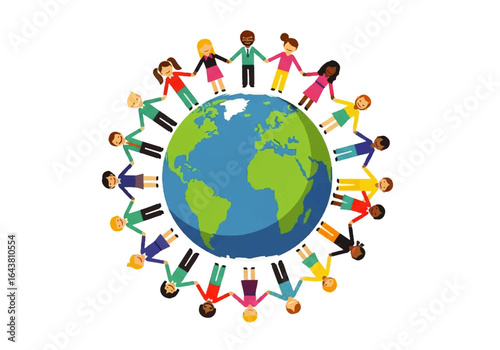 Diverse group of people encircling the earth, holding hands in unity. Suitable for global unity and diversity concepts.