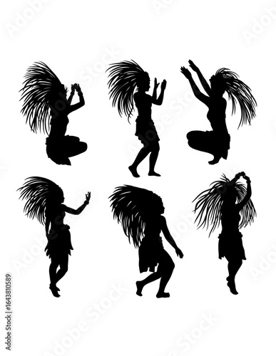 Tahitian hula dancing performance, female traditional dancer pose silhouette