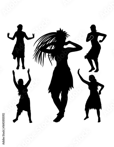 Tahitian hula dancing performance, female traditional dancer pose silhouette
