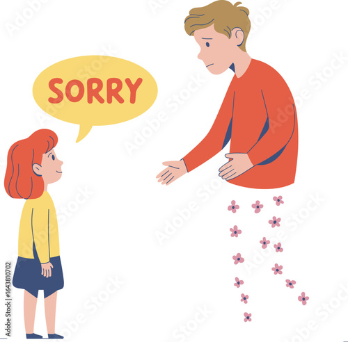 Child saying sorry to sad father, emotional apology, family communication, forgiveness moment, parent child relationship, caring interaction, heartfelt sorry scene, understanding family bond