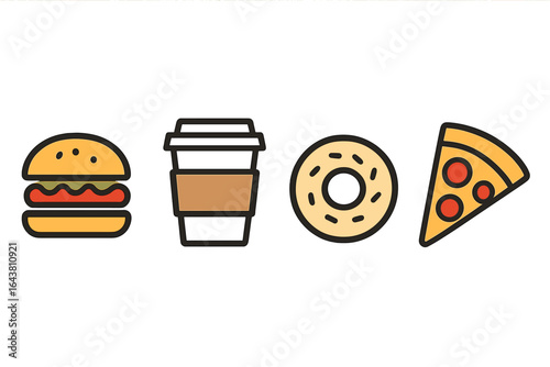 Popular fast food items including burger, coffee, donut, and pizza displayed on a simple background