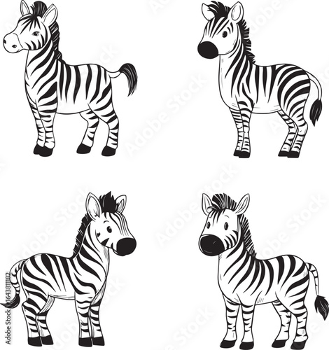 Cute simple zebra coloring page flat black vector silhouette isolated on white background