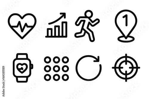 Health and fitness icons representing wellness, exercise, and goal tracking in a modern lifestyle