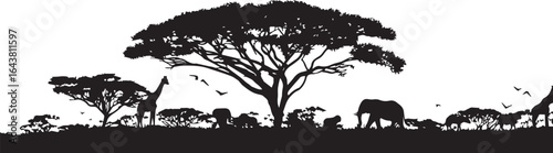 African savanna landscape with acacia trees and wildlife silhouette
