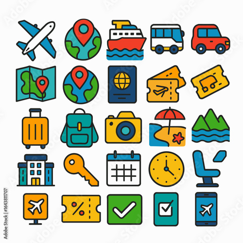Colorful travel icons represent travel planning symbols
