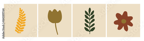 Conjunto floral abstracto dibujado a mano. Paquete vectorial botánico minimalista.
