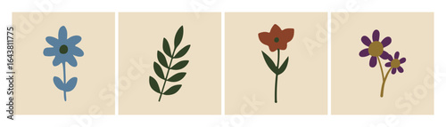 Ilustraciones de plantas orgánicas simples. Conjunto de cuatro diseños abstractos.