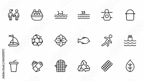 Environmental Cleanup Scene Outline – Line Art of Volunteer Group, Beach Waves, Trash Bag, Plastic Cup, Fishing Net, Rubber Gloves, Recycling Symbol, Leaf, Ocean Fish, Bird, Rope, and Wooden Fence