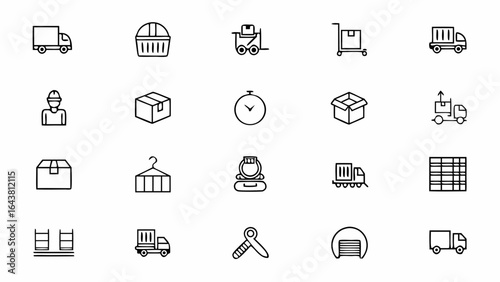 Logistics & Stock Flow Line Art – Delivery Truck, Shipping Container, Pallet with Boxes, Conveyor Belt, Forklift, Inventory List on Clipboard, Barcode Scanner, Warehouse Shelves, Clock, and Worker wit