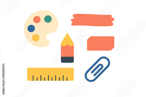 Craft supplies arranged on a white background including a palette, pencil, eraser, and ruler