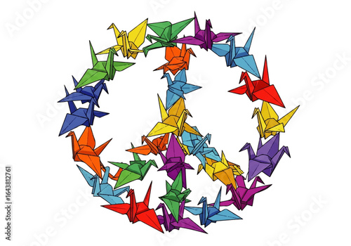 Rainbow origami cranes forming peace symbol, ideal for peace campaigns, diversity, harmony, multiculturalism, hope, love themes in graphic design.