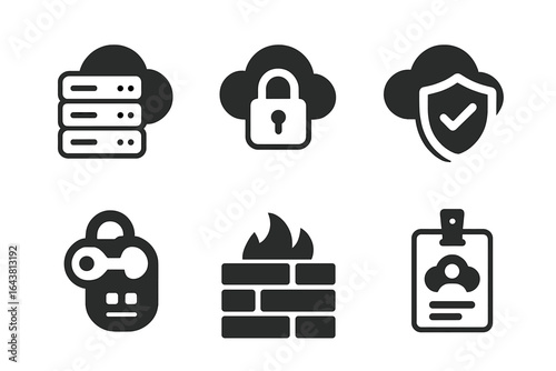 Cloud security icons illustrating network protection, data encryption, and secure identity management