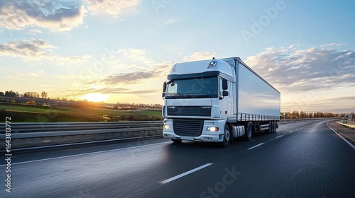 A white truck driving on a highway at sunset.