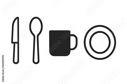 Set of utensils and tableware showcasing a knife, spoon, cup, and plate in a minimalistic design