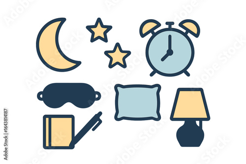 Items associated with bedtime routine, including clock, pillow, sleep mask, and lamp, illustrating a nighttime atmosphere