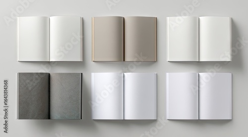 Six open books, various textures and colors, displayed on a neutral background in a grid formation, showcasing blank pages