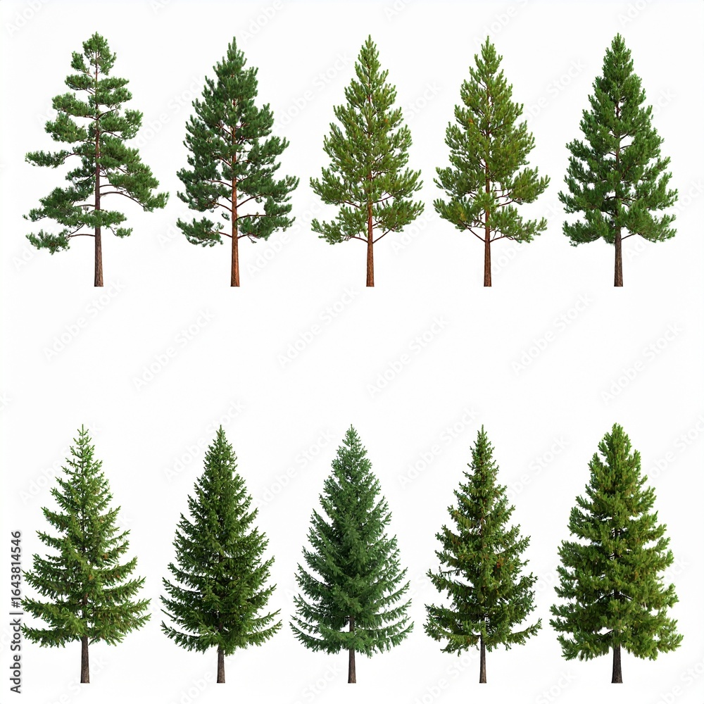 Obraz premium Pine and Fir trees, various types, isolated